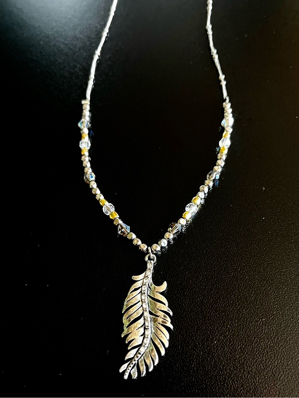Silver Feather Pendant Short Necklace with Beaded Accents - Silver Tone